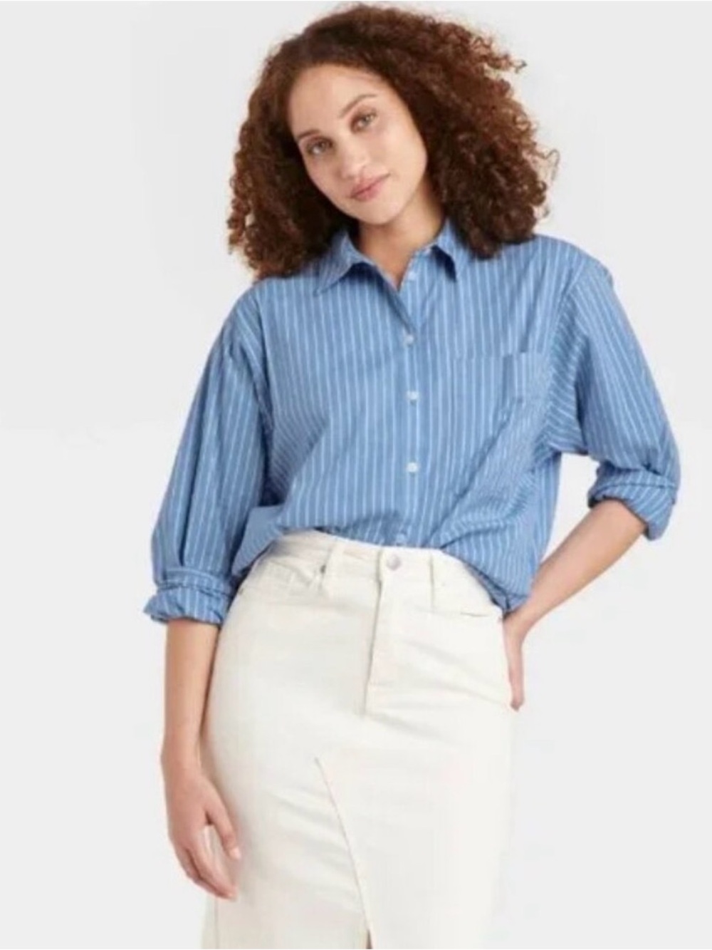 A New Day • Blue & White Oversized Button-Up Dress Shirt